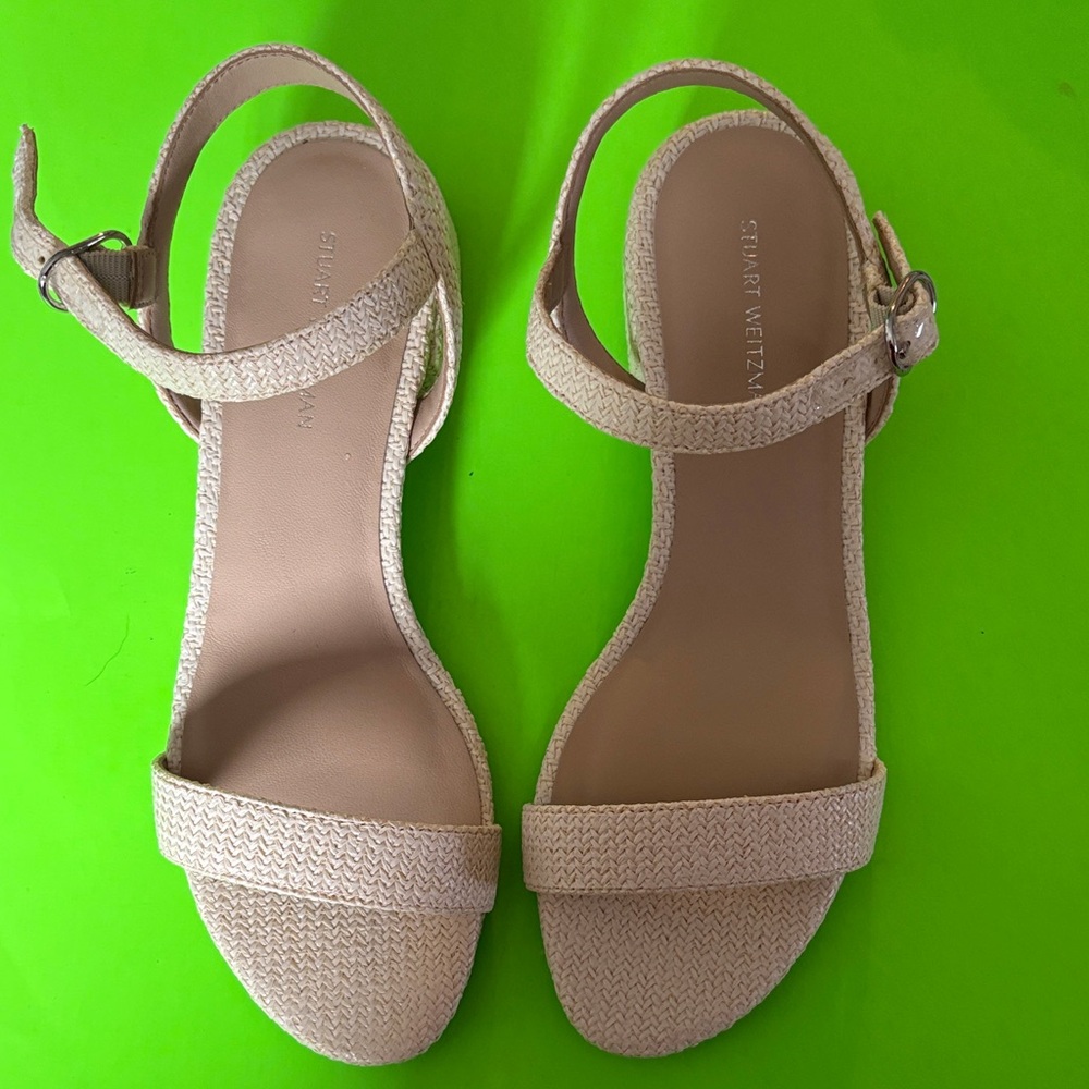 Stuart Weitzman Beige Woven Open-Toe Ankle-Strap Sandals